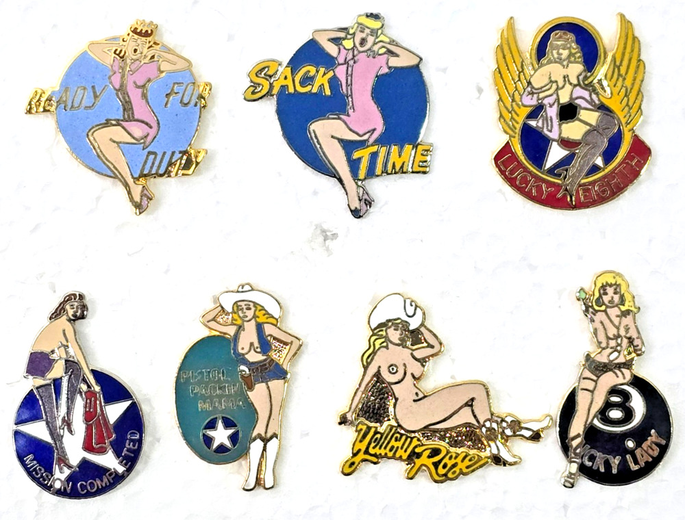 7 Vintage USAF Army Nose Art Pinup Girl Lapel Hat Pin Tie Tac WWII